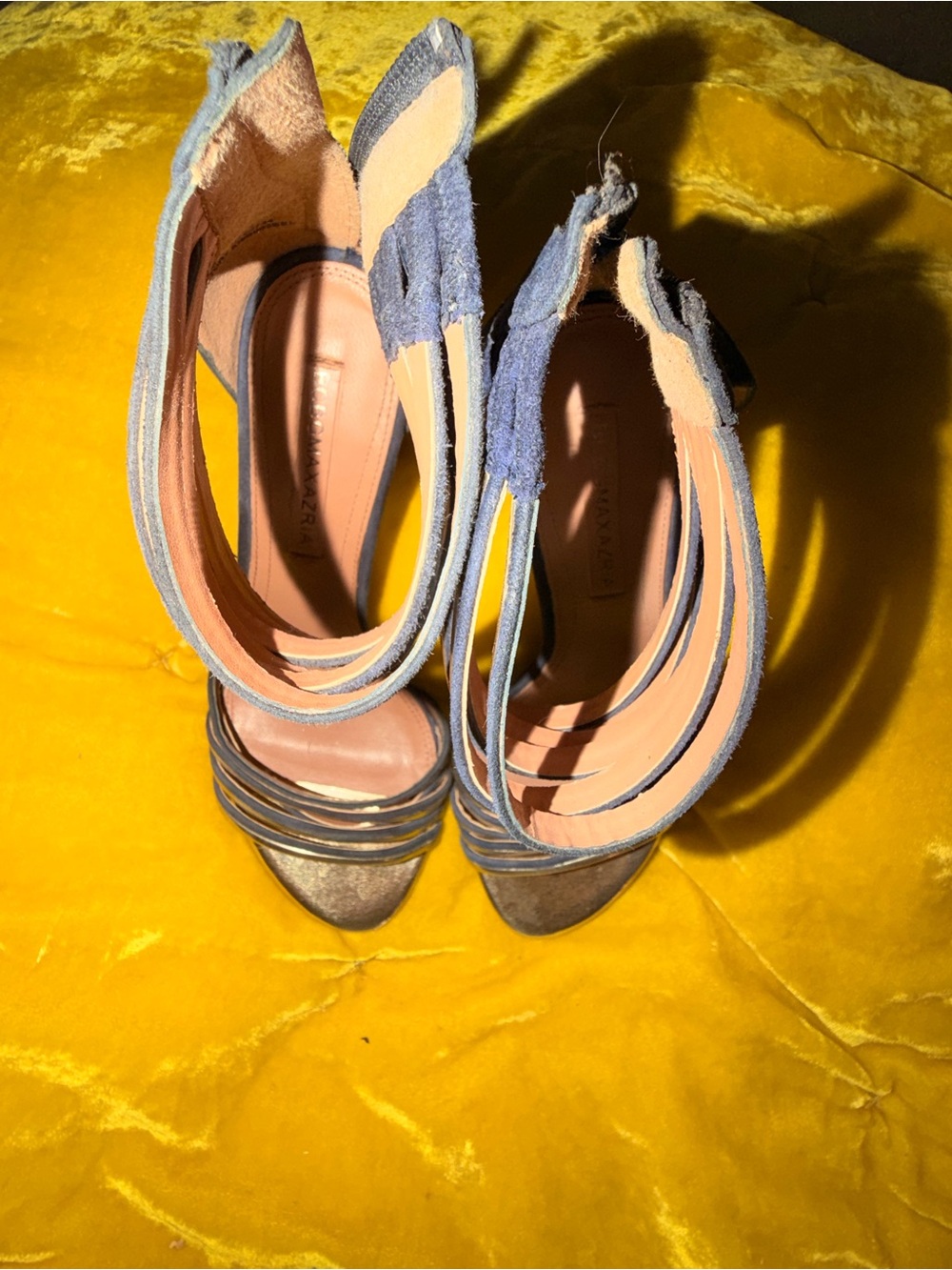 BCBG Denim Blue Strappy Peep-Toe Heels